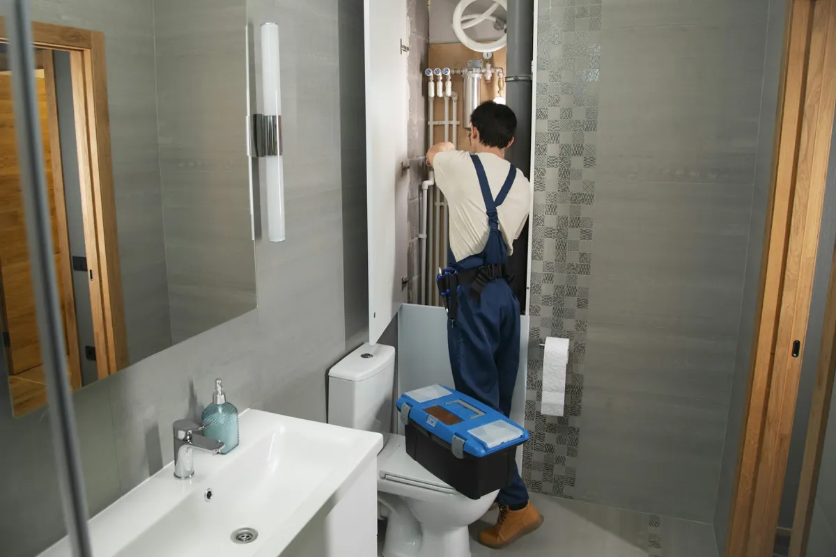Clean style demo: tradesperson at work in a bathroom renovation